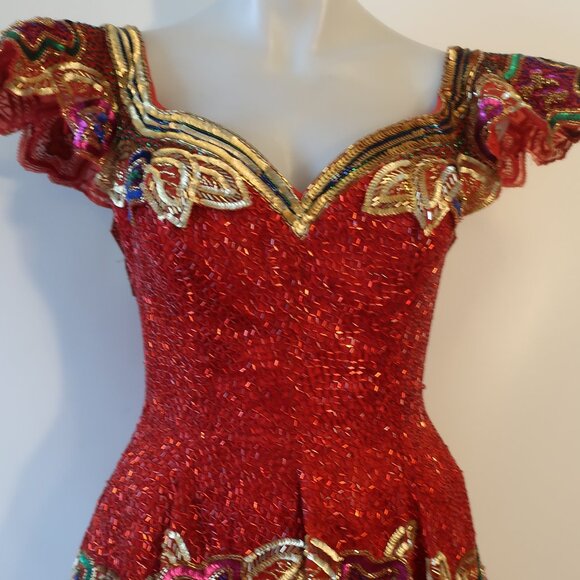 Womens Fabrice Silhouette Red Gold Beads Sequin Silk Satin Formal Gown Dress 10* - Picture 3 of 16